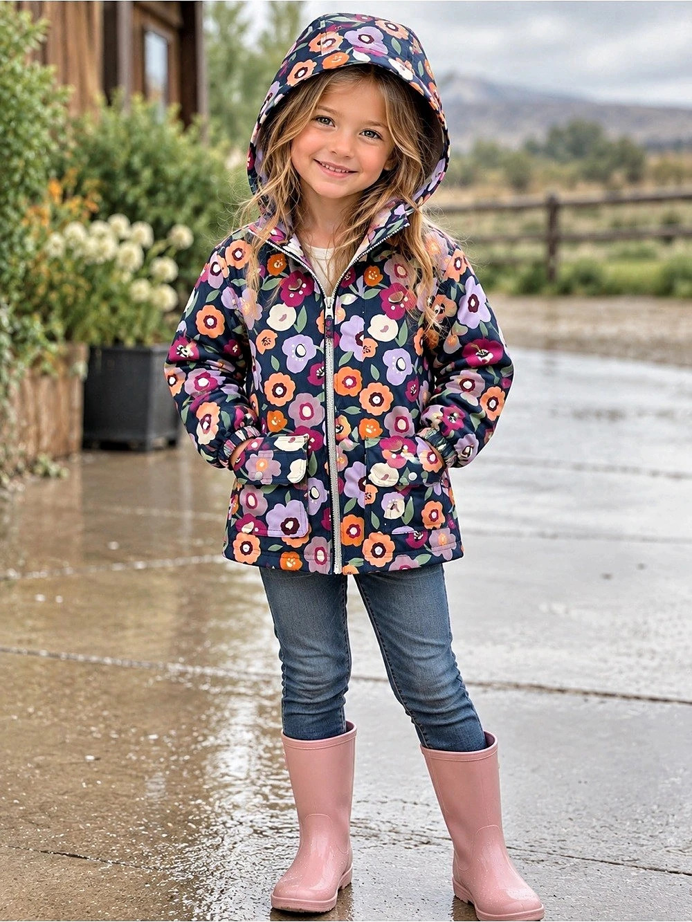 Jan & Jul Cozy-Dry Fleece Lined Rain Jacket Blue & Pink Floral Girls 4T